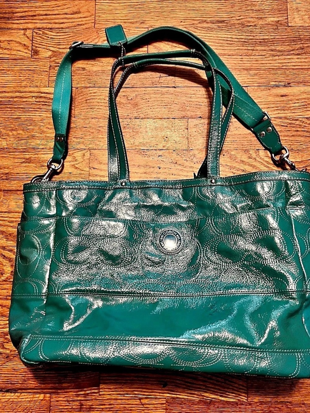 Coach Signature Stitched Patent Tote aqua